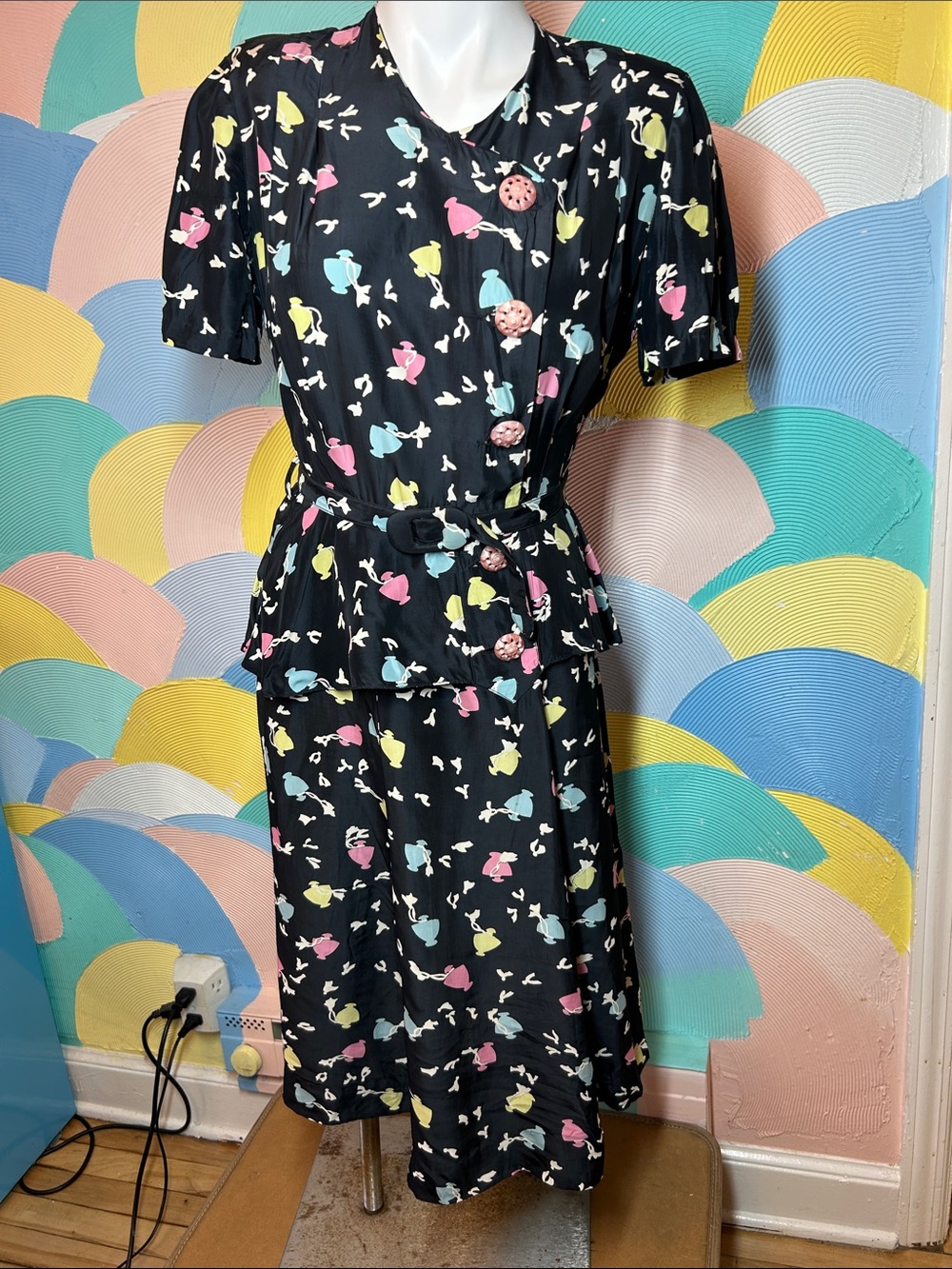 Vintage Boulevard Black Floral Belted Peplum Midi Dress Black with Pastel Floral